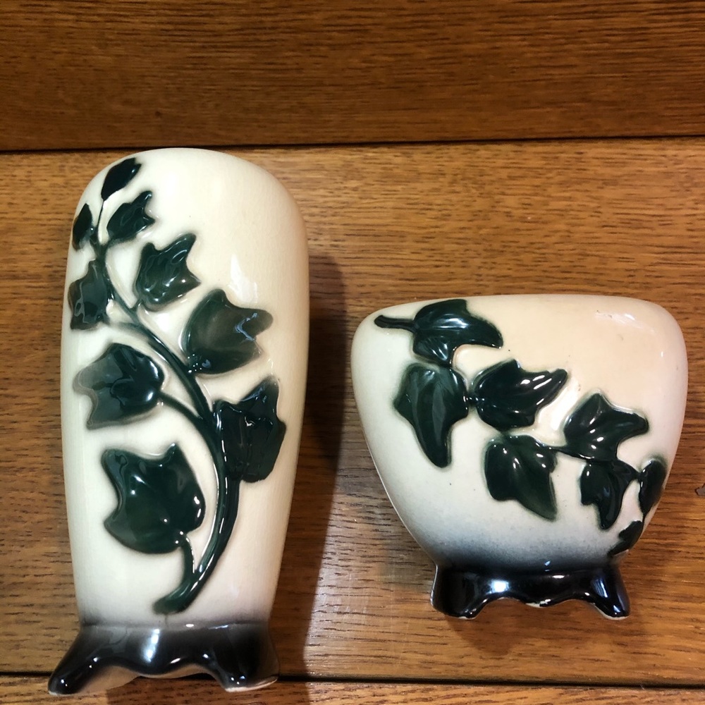 Vintage Ceramic Royal Copley Ivy Pattern Footed Vase 1950s set of two